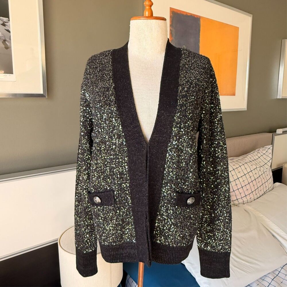 L'Agence Jinny Sequin Cardigan Deep V-neckline Decorative Button Patch Pocket  M